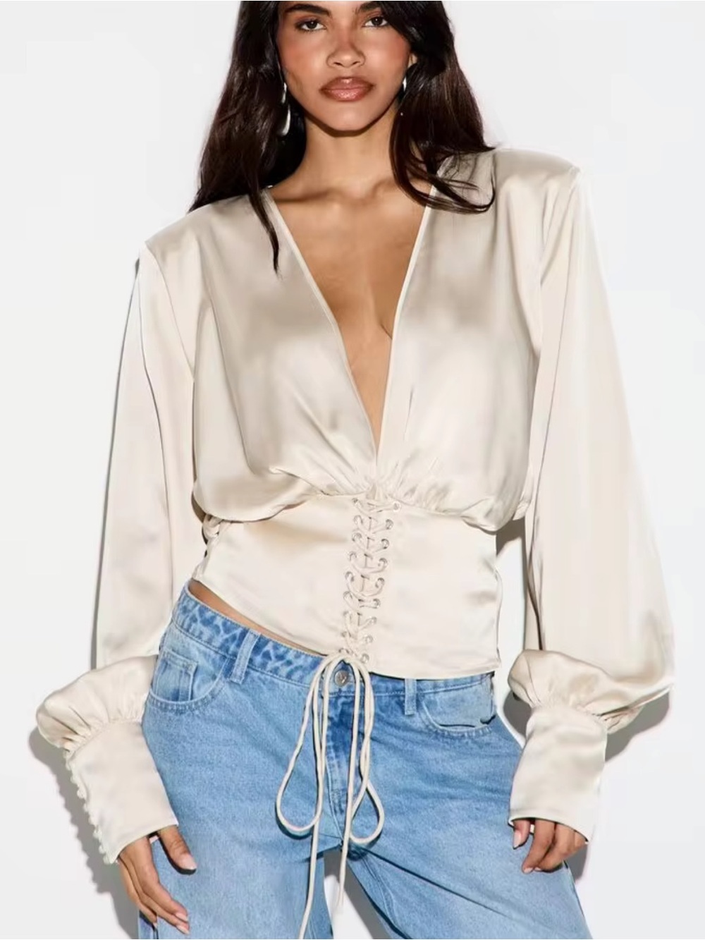 KIZN Satin Plunge Neck Long Puff Sleeve Crop Blouse Corset Lace Up silk jlux pq
